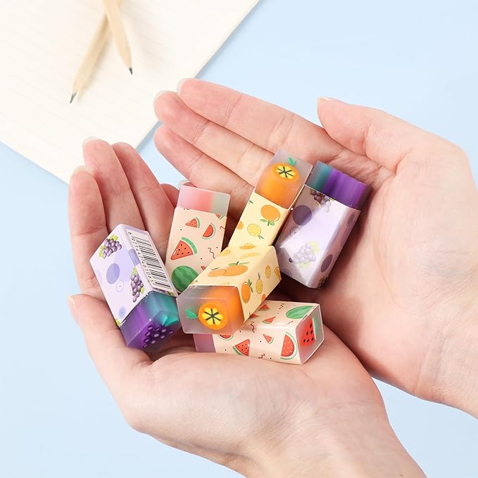 12Pcs Cute Erasers for Kids, Fun Fruit Shaped Erasers Scented Pencil Rubber Erasers Classroom Students Reward School Supplies Prize Gifts Party Favors