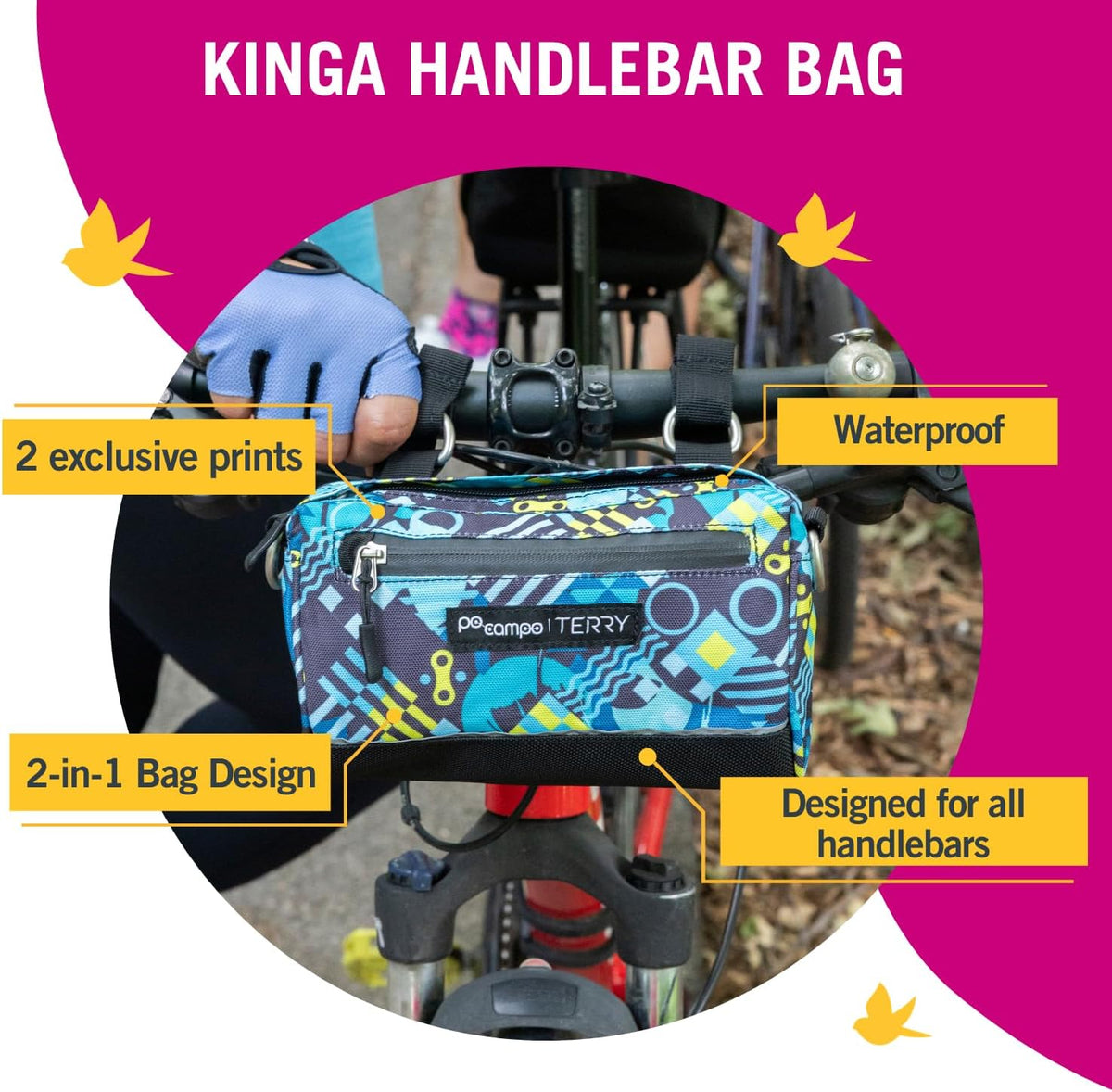 Po Campo Kinga Handlebar Bag 2 - Durable, Waterproof Bicycle Storage Baskets for Front Mount - Compact Bike Bags that Convert to Crossbody (Black Ripstop)