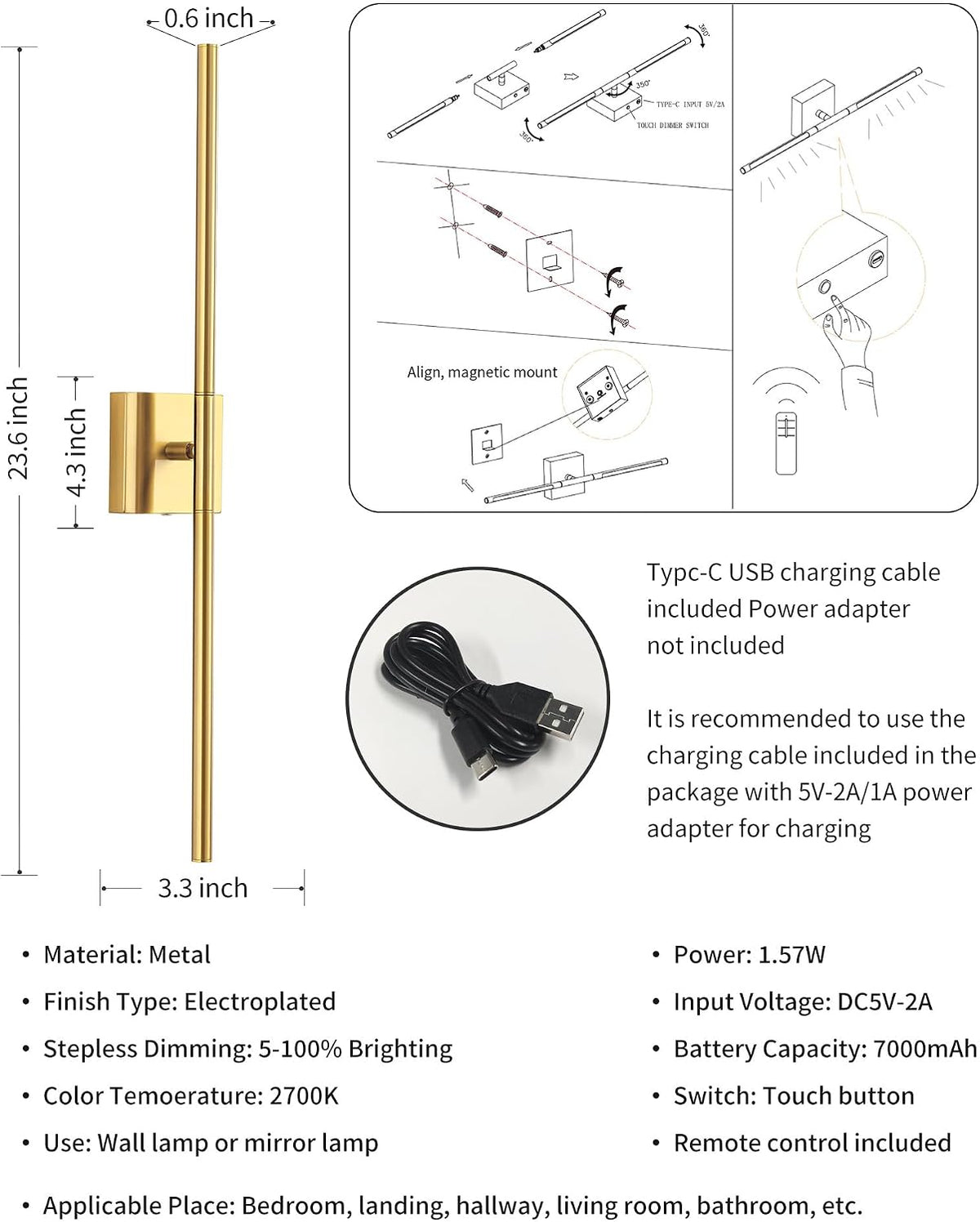 KDG Cordless Wall Sconces Set of 2, Wireless 5200mAh Rechargeable Battery Operated LED Wall Lamps with Remote, 360° Rotate Lightings for Wall Painting, Bedroom, Hallway, Night Light 23.6 inch (Nickel