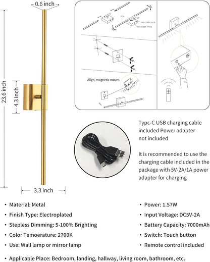 KDG Cordless Wall Sconces Set of 2, Wireless 5200mAh Rechargeable Battery Operated LED Wall Lamps with Remote, 360° Rotate Lightings for Wall Painting, Bedroom, Hallway, Night Light 23.6 inch (Nickel