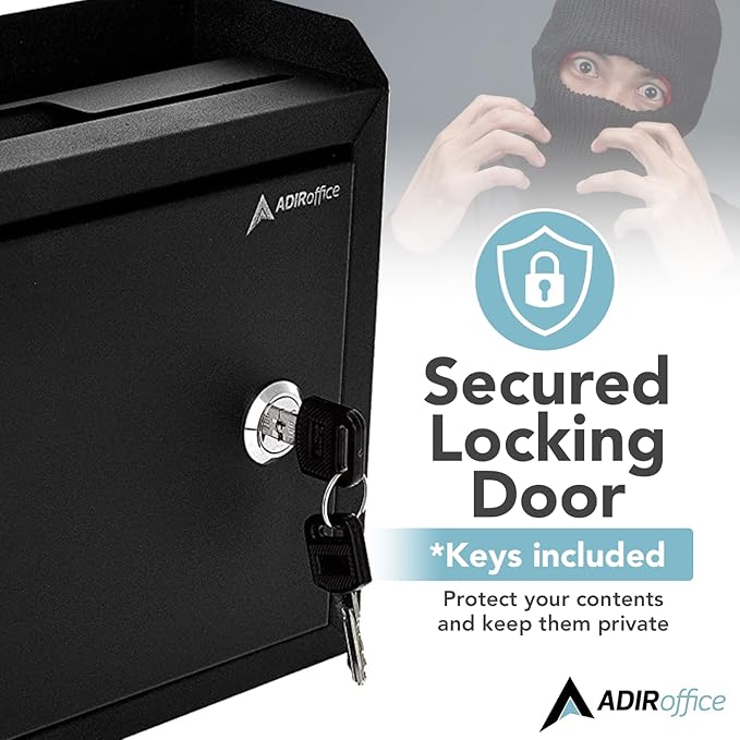 AdirCorp. Suggestion Box with Lock, Safe Wall Mounted Mail Box, Key Drop, Donation File and Money Organizer, 9.75x7x3 (Black)