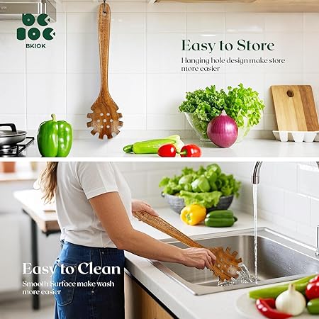 Natural Nonstick Teak Wood Pasta Fork, Noodle Spaghetti Spoon Server, Handmade Strainer Slotted Spoon Skimmer Spoons