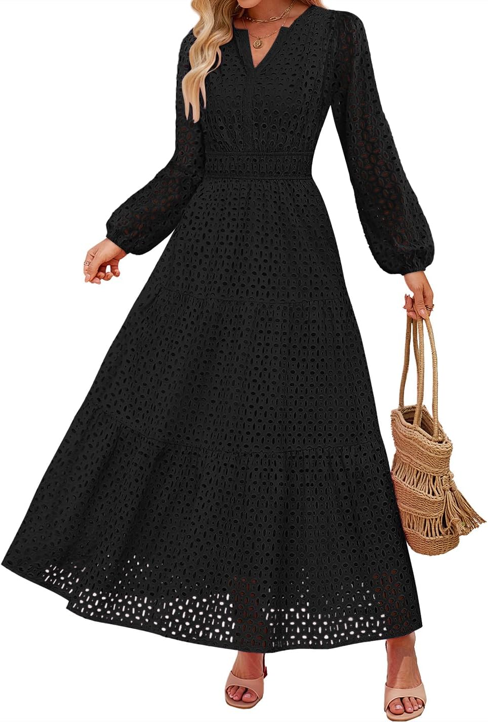 PrettyGarden Women's 2026 Fall Long Sleeve Eyelet Maxi Dress | V Neck Hollow Out A Line Flowy Casual Winter Outfits Funeral Church Wedding Guest Cocktail Midi Dresses