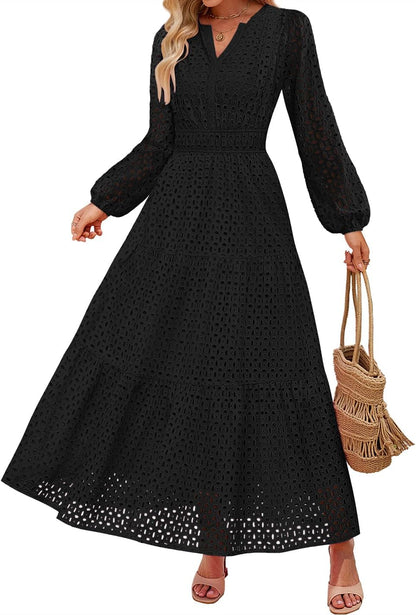 PrettyGarden Women's 2026 Fall Long Sleeve Eyelet Maxi Dress | V Neck Hollow Out A Line Flowy Casual Winter Outfits Funeral Church Wedding Guest Cocktail Midi Dresses
