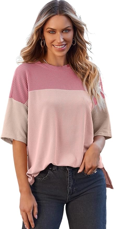 Women's Pink Color Block Half Sleeve Top with Ribbed Side Slits