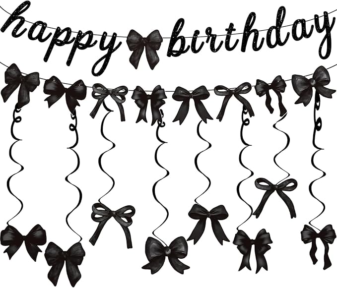 Black Bow Happy Birthday Banner Garland and Hanging Swirls for Girl Black Bow Coquette Birthday Party Decorations