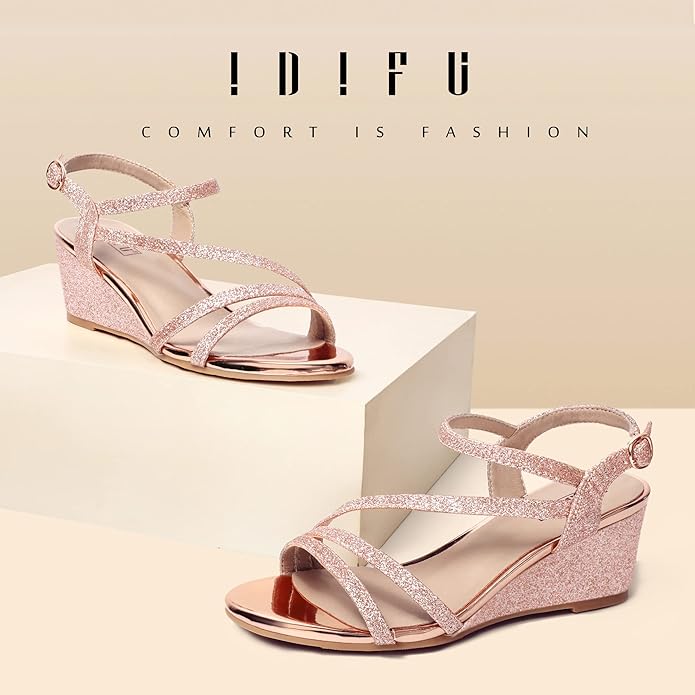IDIFU Women's Wedge Heel Sandal Dress Low Strappy 2 Inch Open Toe Wedding Bridal Shoes for Woman Ladies Evening Formal