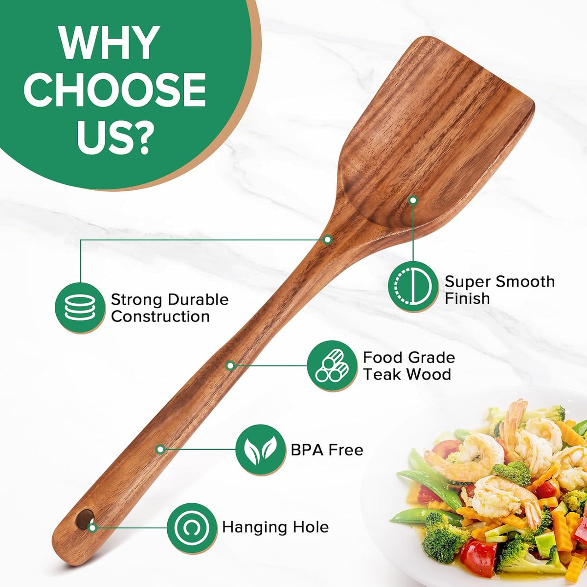 Teak Wood Spatula for Cooking, Wooden Kitchen Cooking Utensil, Large Long Handle Solid Wok Spatula Flipper with Raised Sides for Serving Scooping Frying Mixing Stirring Eggs Beans,Non-Toxic,13.4?,1Pk