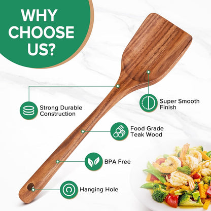 Teak Wood Spatula for Cooking, Wooden Kitchen Cooking Utensil, Large Long Handle Solid Wok Spatula Flipper with Raised Sides for Serving Scooping Frying Mixing Stirring Eggs Beans,Non-Toxic,13.4?,1Pk