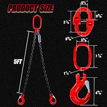 Chain Sling 516'' x 5 Ft Double Leg with Grab Hooks  Chain Slings for Lifting 3 Ton Capacity  G80 Mn-Steel Chain Sling with Standard Marking  for Cargo Security Towing and handling