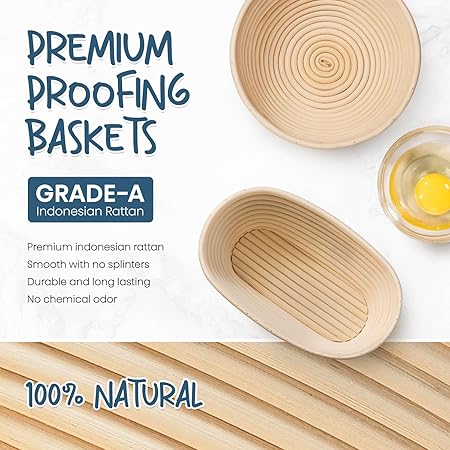 RORECAY Bread Banneton Proofing Basket Set, 9 Inch Round  10 Inch Oval Cane Sourdough Baskets with Dough Whisk Bread Lame Dough Scraper Bowl Scraper Silicone Brush Sourdough Bread Baking Supplies
