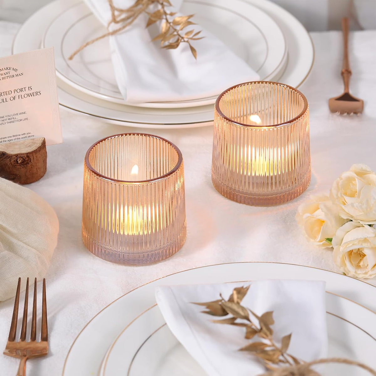 DARJEN Gold Ribbed tank Tealight Votive Candle Holders- 1Pack Glass Candle Holders for Table Centerpiece, Home Decor, Wedding Decor, Party Dinner
