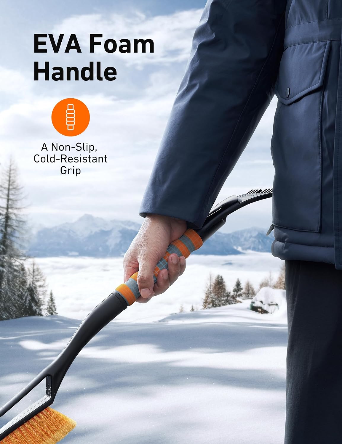 AstroAI 27" Snow Brush and Ice Scrapers for Car Windshield, Detachable Snow Scrapers with Ergonomic Foam Grip for Cars, Trucks, SUVs (Heavy Duty ABS, PVC Brush, Orange)