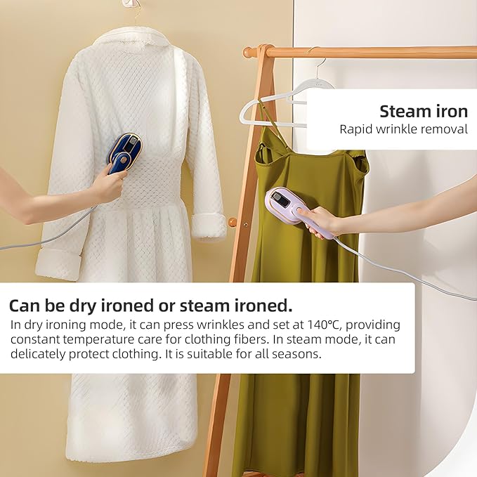 Portable Handheld Iron 20s Fast Heat-up Fabric Wrinkle Remover 2 in 1 Rotatable Travel Iron Steamer for Clothes Support Dry and Wet Ironing for Home Travel or College, US Plug, Blue