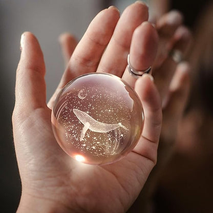 Flexzion 3D Whale Crystal Ball Night Light - LED Light Hologram Glass Lamp with Solid Wood Base, USB Powered Crystal Ball Lamp with Adjustable Brightness for Home Decor Display Gift, 2.4inch(60mm)