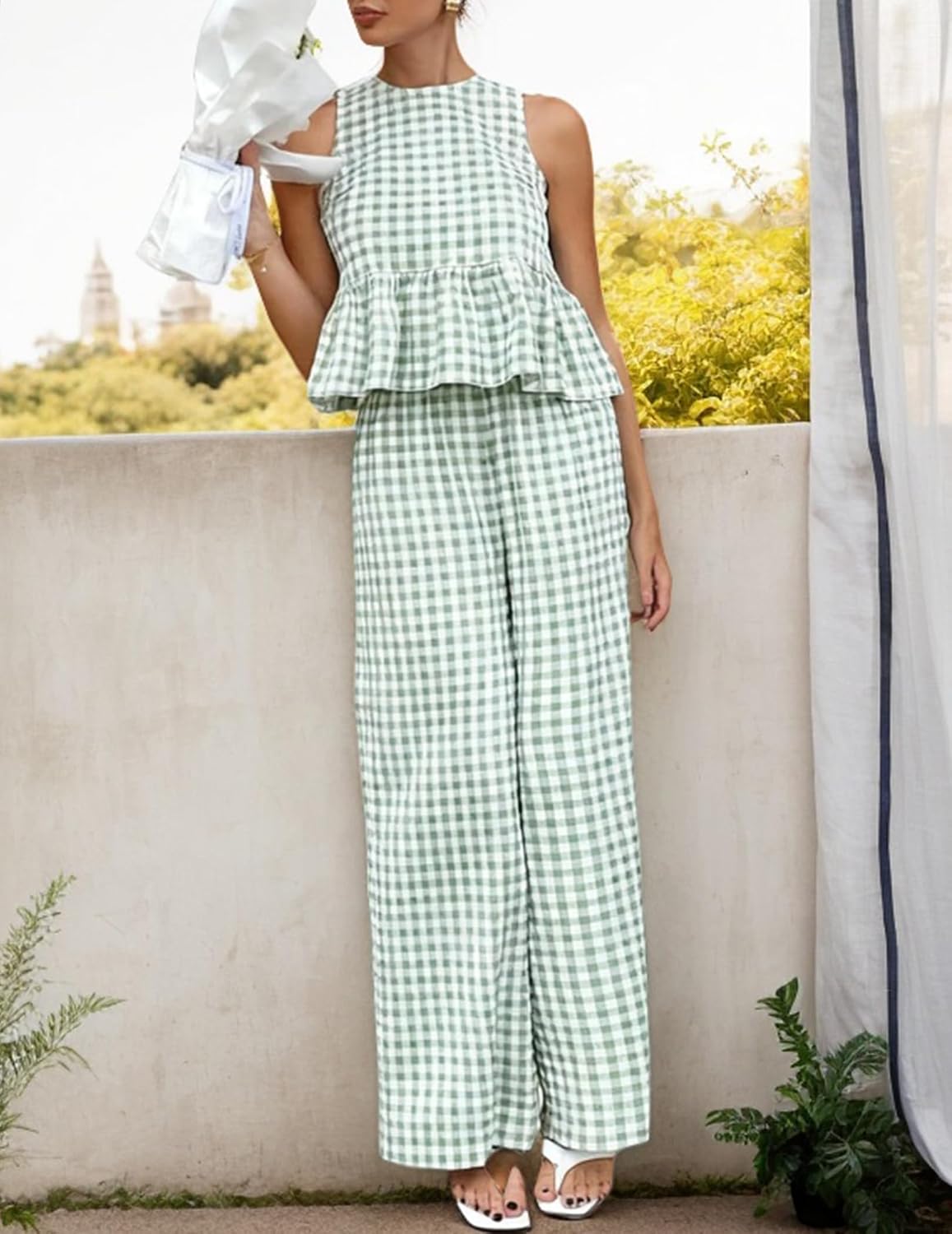 KCVVA Womens 2 Piece Gingham Set Cute Plaid Open Back Ruffle Outfits Tops and Pants Vacation Matching Lounge Sets.