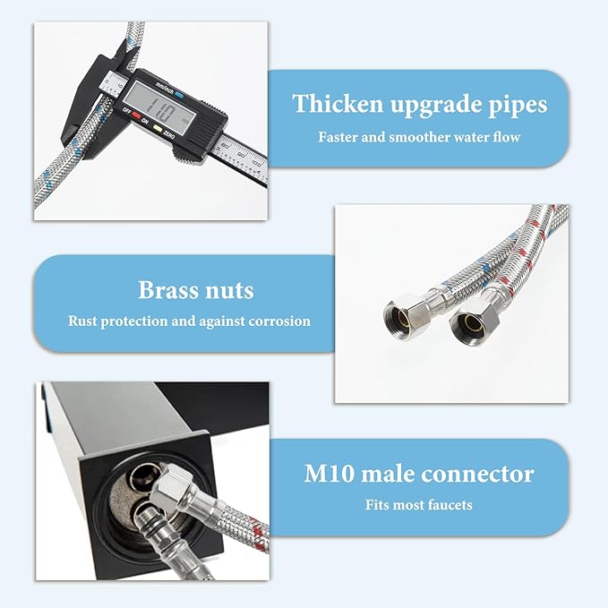 24 Inch Faucet Supply Lines, 2 PCS Faucet Hose Bathroom Kitchen Faucets Lines Braided Stainless Steel Supply Hose for Hot and Cold Water Supply(38-Inch Female Compression Thread X M10 Male Connector)
