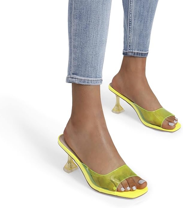 DREAM PAIRS Womens Clear Heels Square Toe High Stiletto Mules Slip on Wedding Dress Heel Sandals