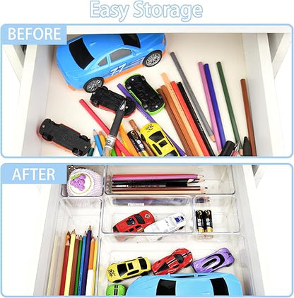 Drawer Organizers Set of 15, 4 Sizes Clear Plastic Drawer Organizers and Storage Bins for Kitchen, Bathroom, Office, Dresser Desk Drawer Organizer Tray for Jewelry, Makeup, Junk, Gadgets