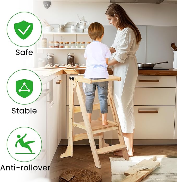 Toddler Tower Foldable - Kids Kitchen Step Stool with 3 Adjustable Heights  Safety Rail, Montessori Tower with Chalkboard for Learning, Standing Tower Helper Stool for Kitchen Counter Sink (Natural)