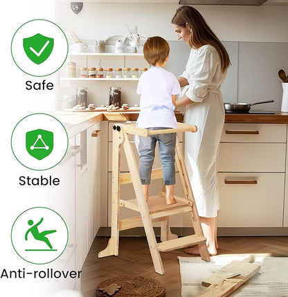 Toddler Tower Foldable - Kids Kitchen Step Stool with 3 Adjustable Heights  Safety Rail, Montessori Tower with Chalkboard for Learning, Standing Tower Helper Stool for Kitchen Counter Sink (Natural)