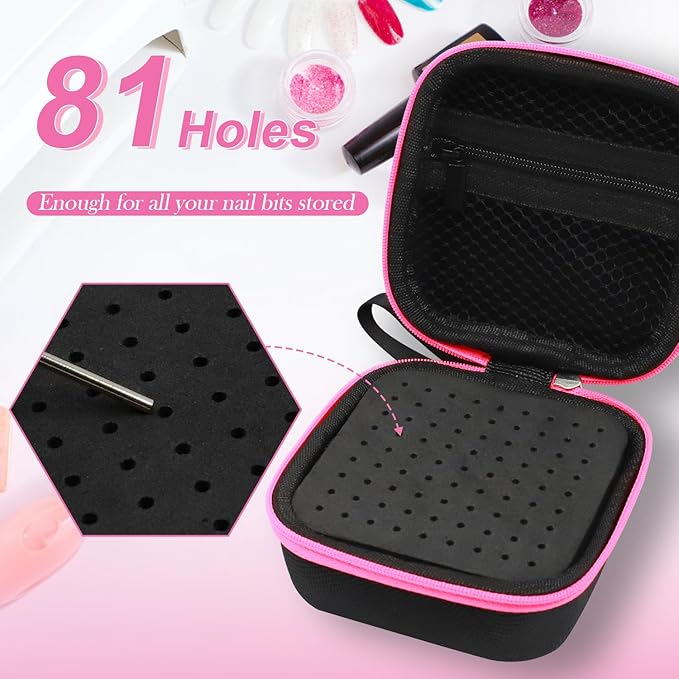 81 Holes Nail Drill Bit Holder, (ONLY CASE) Nail Bits Display Organizer Container, Dustproof Portable Organizer Storage Bag, Efile Nail Bits Professional Manicure Tools, for Manicure Tools (Pink)