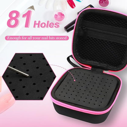 81 Holes Nail Drill Bit Holder, (ONLY CASE) Nail Bits Display Organizer Container, Dustproof Portable Organizer Storage Bag, Efile Nail Bits Professional Manicure Tools, for Manicure Tools (Pink)