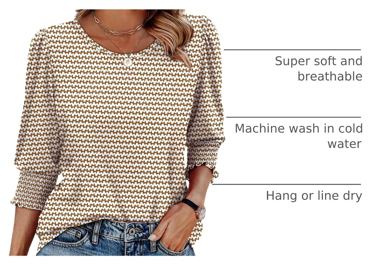 OFEEFAN Blouses for Women Dressy Casual 3/4 Length Sleeve Womens Tops with Smocked Cuffs.