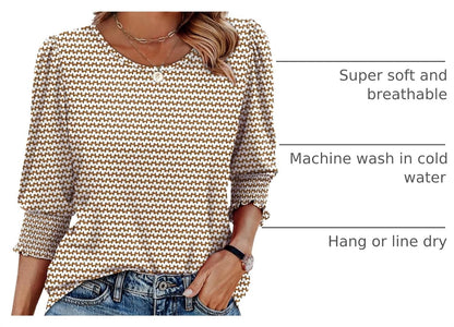 OFEEFAN Blouses for Women Dressy Casual 3/4 Length Sleeve Womens Tops with Smocked Cuffs.