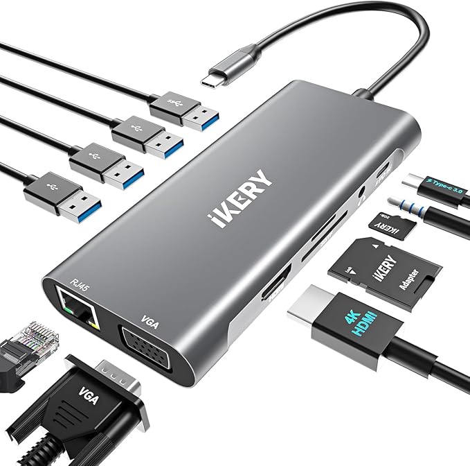IKERY 11 in 1 USB C Hub, 4K HDMI & 1080P VGA, 100W PD Charging, RJ45 Ethernet, SD/TF Card Reader, 3.5mm Audio, USB 3.0/2.0 Ports for Laptop/MacBook Pro/Air