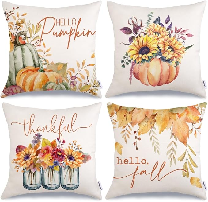 GEEORY Fall Pillow Covers 20x20 Set of 4 for Fall Decor Pumpkin Maple Leaves Sunflower Vase Outdoor Fall Pillows Decorative Throw Pillows Farmhouse Thanksgiving Autumn Cushion Case for Couch A