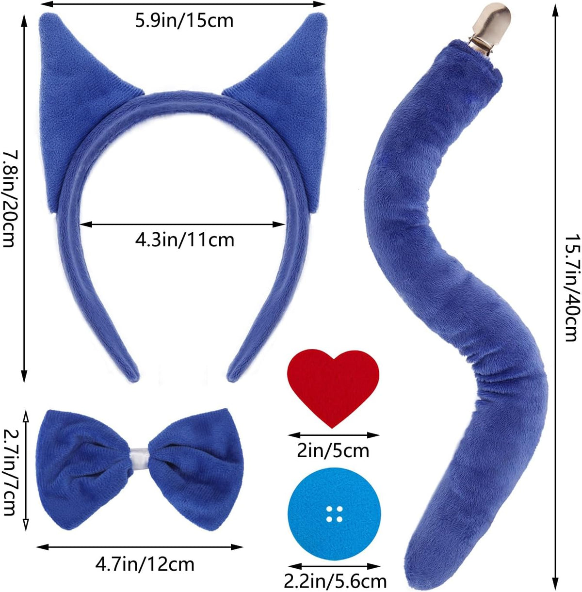 Blue Cat Ears Headband and Tail Bowtie with 6 Button Patches & 1 Heart Patch Felt Stickers Halloween Cat Costumes Set Cosplay Party Dress Up Accessories