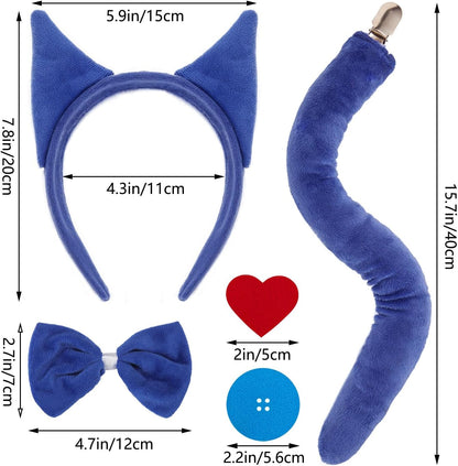 Blue Cat Ears Headband and Tail Bowtie with 6 Button Patches & 1 Heart Patch Felt Stickers Halloween Cat Costumes Set Cosplay Party Dress Up Accessories