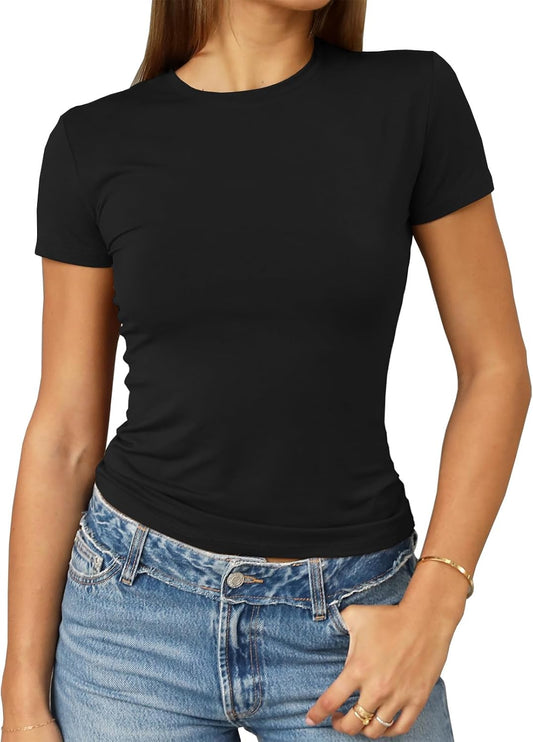 These soft, stretchy crop tops are perfect for everyday wear. The slim fit and crew neck design create a flattering look.