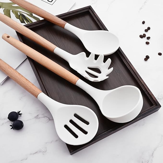 1pc White Silicone Pasta Server with Wooden Handle, Heat Resistant Cooking Utensils for Pasta Noodle Spaghetti Strainer