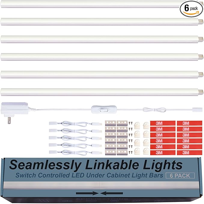 Under Cabinet Lights, Plug in, Seamlessly Linkable 12 Inch, 6 BarsSwitchExtensions, Under Counter Lighting for Kitchen, Closet, Gun Safe, Shelf, Display Case, LED 5000k Daylight