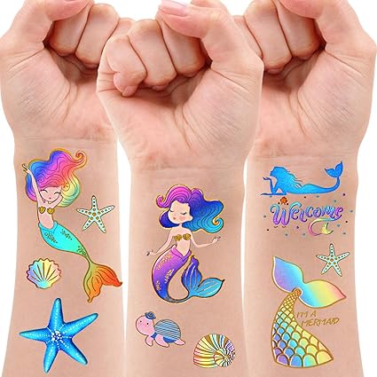 Mermaid Party Supplies Temporary Tattoos - Glitter Mermaid Birthday Party Favors, Mermaid Tail Decorations + Halloween Easter Makeup (6 Sheet)