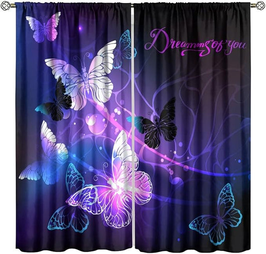 Butterfly Window Curtain, Purple Fantasy Dream Butterfly Curtains for Girls Kids Bedroom Bedroom Nursery Room Living Room 52" W X 84" L