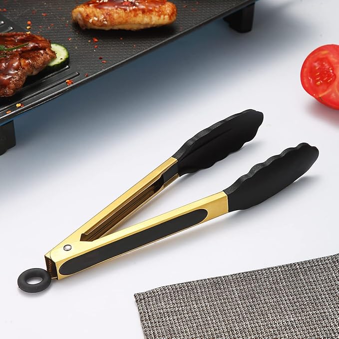 Kitchen Tongs for Cooking Grill  BBQ, Kyraton Stainless Steel 9" Cooking Tongs Heat Resistant Handle Non Slip, Kitchen Tongs with Silicon Tips for Salad,Ice,Fry, Serving,Oven. (Gold)