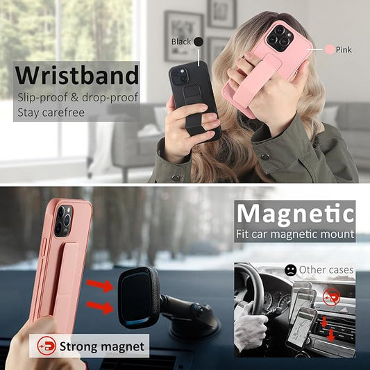 Varikke Compatible with iPhone 15 Pro Max Case with Stand, Multi-Functional Magnetic Vertical & Horizontal Kickstand Protective Phone Case, Candy Color Slim Cute Hybrid Cover 6.7 Inch, Pink