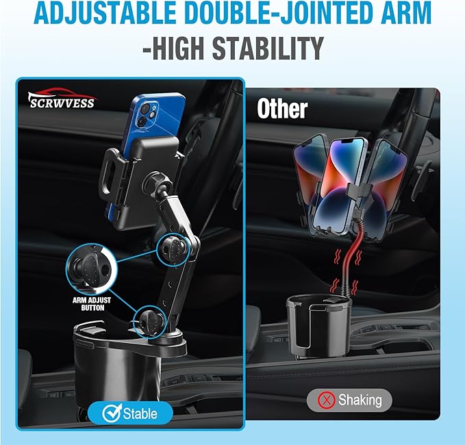 Cup Holder Phone Mount, 2 in 1 Cup Holder Expander for Car Long Arm with 360Rotation Cup Holder Cell Phone Holder for Car Compatible with All Smartphones