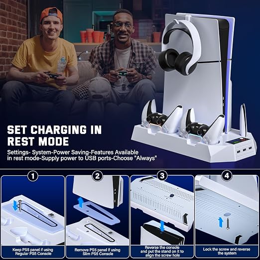 PS5 Slim Cooling Station with Controller Charging Station for PlayStation 5 Console Slim&Standard Disc/Digital, PS5 Cooling Stand Accessories with Cooler Fan/3 USB Hubs/Media&Headset Holder/Screw
