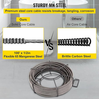 VEVOR 100 ft x 12 inch Solid Core Sewer Snake Clog Pipe Drain Cleaning Cable WFour Shapes of Cutters, Black