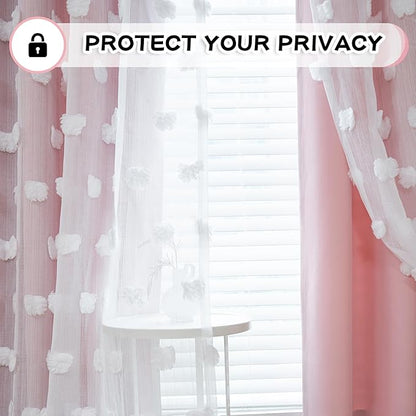 Mysky Home Double layer curtains, living room, nursery, bedroom, translucent, white pompoms, dining room, window panels, room darkening, 52 x 84 inches, pink