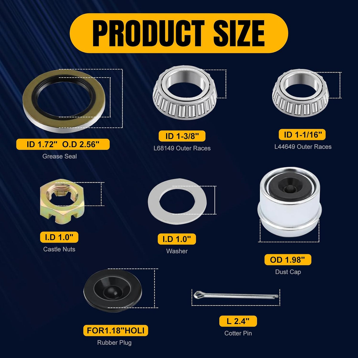 2 Rebuilt Marine Trailer Hub Kits 3500 lb Trailer Axle Bearing Kit, L68149 & L44649 Bearing Kit, 171255TB/10-19 Grease Seal, 1.98' Dust Cover & Rubber Plug, Spindle #84
