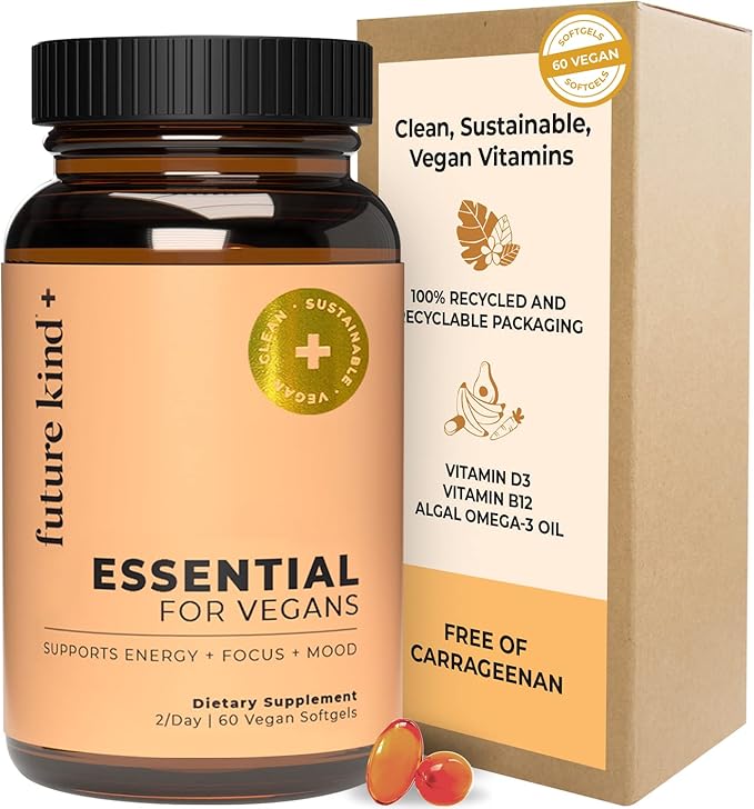 Future Kind Vegan Multivitamins - Glass Bottle  Made for Vegans with Omega 3 DHA, EPA, Vitamin B12  D3 for Energy, Focus,  Mood (60 Softgels)