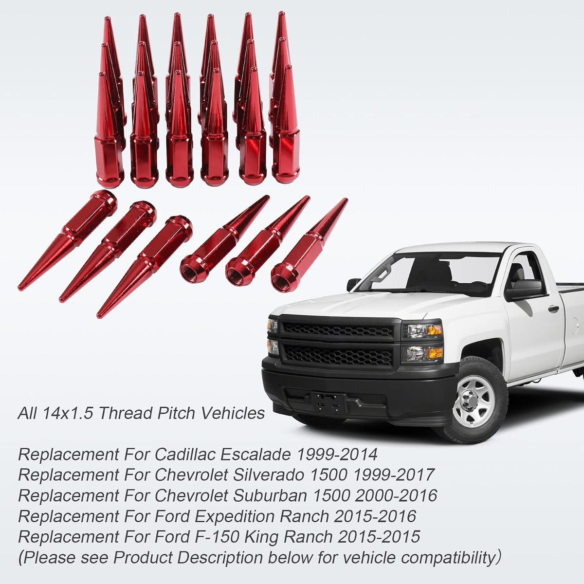 New Wheel Spike Lug Nuts (24pcs) with 1 Socket Key Red 14x1.5 4.5 Tall 6 Lug 14mmx1.5 Replacement for GMC Chevy Ford Vehicles