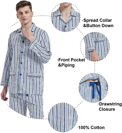 amaxer Mens 100% Cotton Pajamas Set Long Sleeve Pjs Button Fly Pants Soft Elastic Drawstring Waistband Bottoms