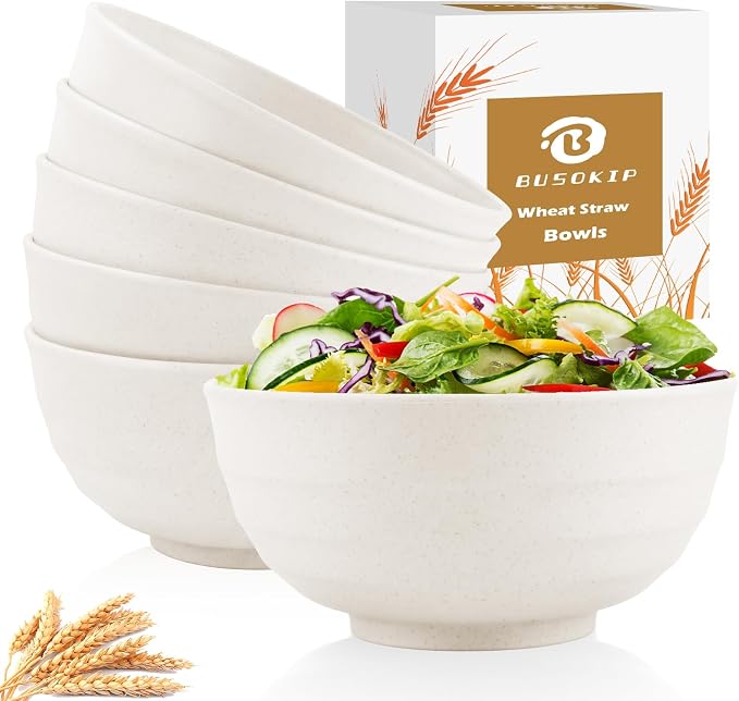 60oz Wheat Straw Bowls Set of 6, Unbreakable Ramen Bowl - White