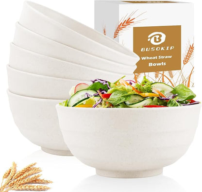 60oz Wheat Straw Bowls Set of 6, Unbreakable Ramen Bowl - White